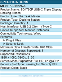 Kensington K33622NA SD4760P USB-C Triple Display Docking Station For Notebook
