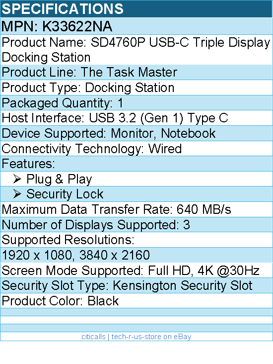 Kensington K33622NA SD4760P USB-C Triple Display Docking Station For Notebook