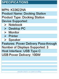 Kensington K33622NA Docking Station - for Notebook, Desktop PC, Monitor, Printer