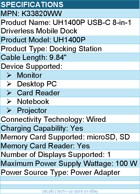 Kensington K33820WW USB-C 8-in-1 Driverless Mobile Dock - for Monitor, Notebook