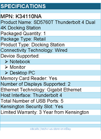 Kensington K34110NA SD5760T Thunderbolt 4 Dual 4K Docking Station