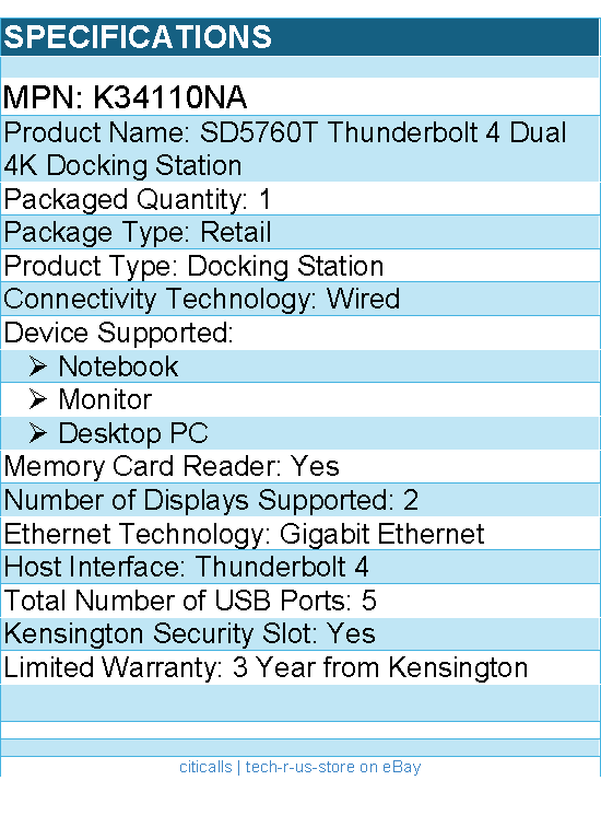 Kensington K34110NA SD5760T Thunderbolt 4 Dual 4K Docking Station