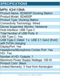 Kensington K34115NA SD4850P Docking Station - for Monitor, Notebook