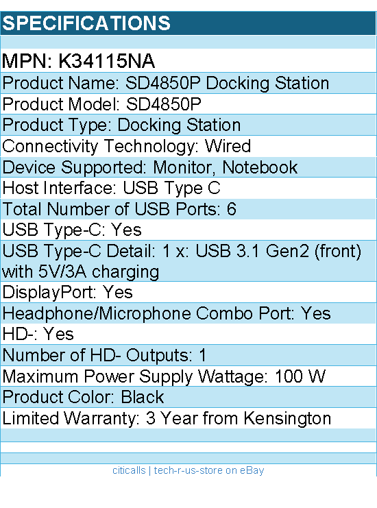 Kensington K34115NA SD4850P Docking Station - for Monitor, Notebook
