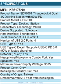 Kensington K35175NA SD5700T Thunderbolt 4 Dual 4K Docking Station with 90W PD
