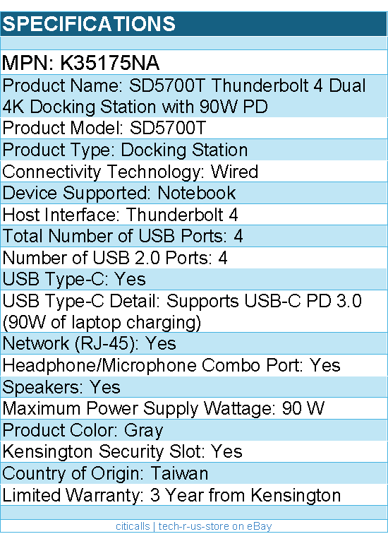 Kensington K35175NA SD5700T Thunderbolt 4 Dual 4K Docking Station with 90W PD