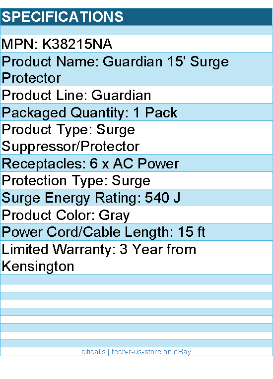 Kensington K38215NA Guardian 15' Surge Protector - 6 x AC Power - 540 J