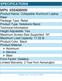 Kensington K50406WW Collapsible Aluminum Laptop Riser - Up to 16" Screen Support