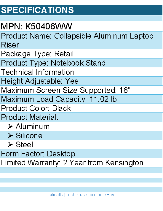 Kensington K50406WW Collapsible Aluminum Laptop Riser - Up to 16" Screen Support