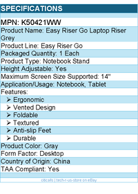 Kensington K50421WW Easy Riser Go Laptop Riser Grey - Up to 14" Screen Support