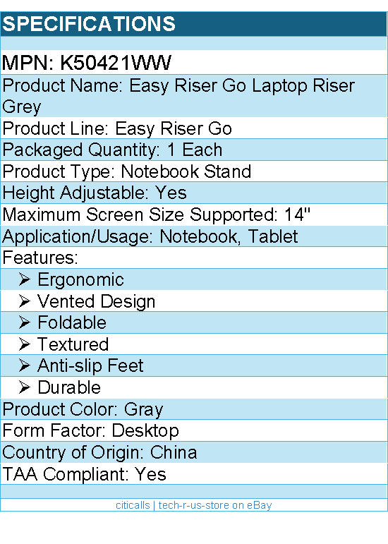 Kensington K50421WW Easy Riser Go Laptop Riser Grey - Up to 14" Screen Support