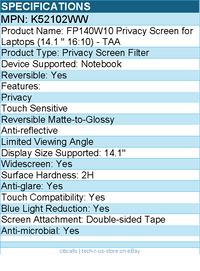 Kensington K52102WW FP140W10 Privacy Screen for Laptops (14.1" 16:10)