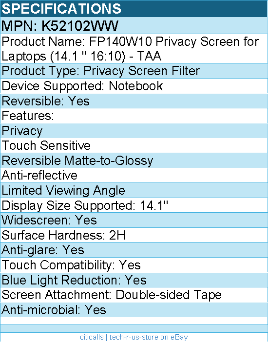 Kensington K52102WW FP140W10 Privacy Screen for Laptops (14.1" 16:10)