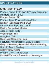 Kensington K52111WW Privacy Screen for Monitors (21.6" 16:10) Tinted Clear