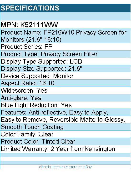 Kensington K52111WW Privacy Screen for Monitors (21.6" 16:10) Tinted Clear