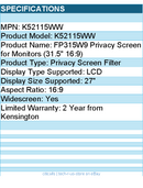 Kensington K52115WW FP315W9 Privacy Screen for Monitors (31.5" 16:9)