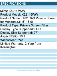 Kensington K52115WW FP315W9 Privacy Screen for Monitors (31.5" 16:9)