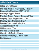 Kensington K52128WW ACCO FP270W10 Privacy Screen for Monitors (27" 16:10) Black