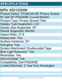 Kensington K52132WW Privacy Screen for Dell 34" P3424WE Curved Monitor