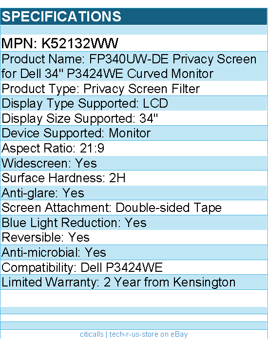 Kensington K52132WW Privacy Screen for Dell 34" P3424WE Curved Monitor