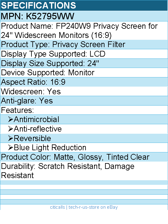 Kensington K52795WW FP240W9 Privacy Screen for 24" Widescreen Monitors (16:9)