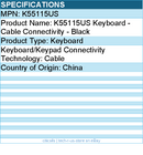 Kensington K55115US Keyboard - Cable Connectivity - Black