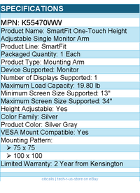 Kensington K55470WW SmartFit Mounting Arm for Monitor - Silver Gray