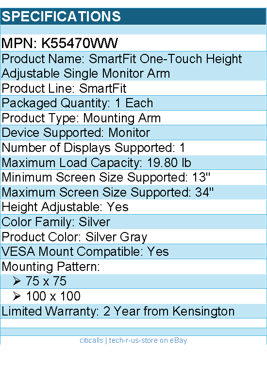 Kensington K55470WW SmartFit Mounting Arm for Monitor - Silver Gray
