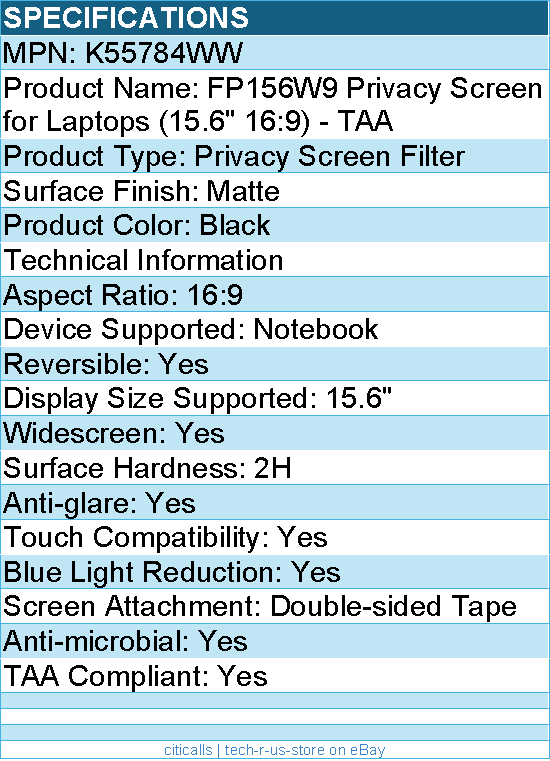 Kensington K55784WW Privacy Screen For 15.6" Widescreen Notebook