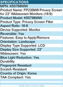 Kensington K55798WW FP230W9 Privacy Screen for 23" Widescreen Monitors (16:9)