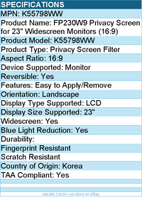 Kensington K55798WW FP230W9 Privacy Screen for 23" Widescreen Monitors (16:9)