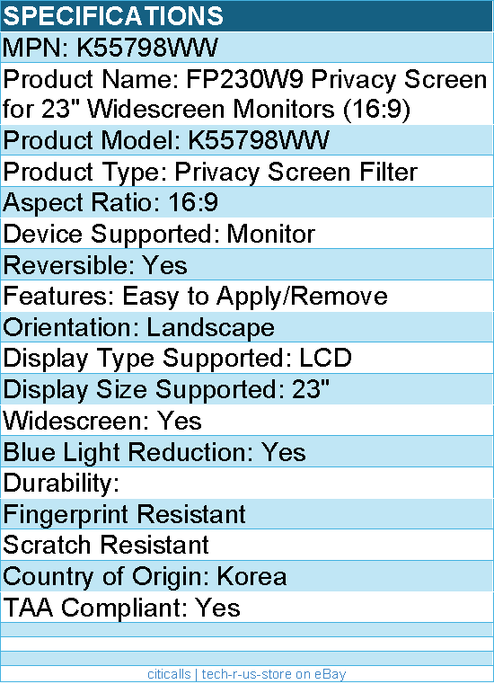 Kensington K55798WW FP230W9 Privacy Screen for 23" Widescreen Monitors (16:9)