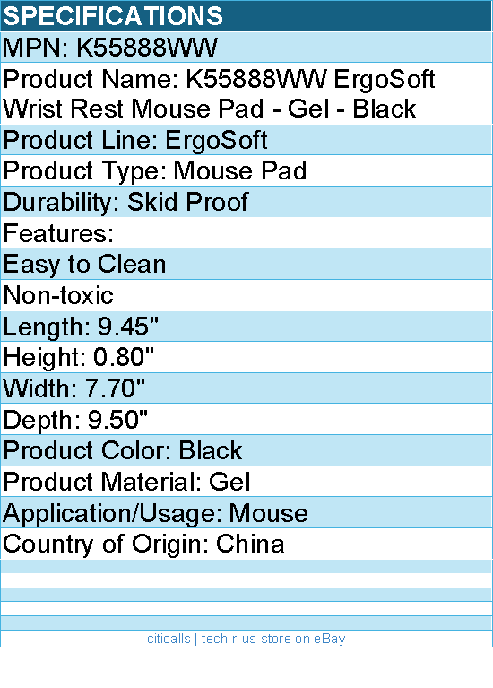 Kensington K55888WW ErgoSoft Wrist Rest Mouse Pad - Gel - Black