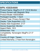 Kensington K58354WW MagPro 21.5" (16:9) Monitor Privacy Screen w Magnetic Strip