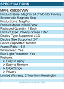 Kensington K58357WW MagPro 24.0" Monitor Privacy Screen with Magnetic Strip