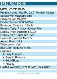 Kensington K58357WW MagPro 24.0" Monitor Privacy Screen with Magnetic Strip