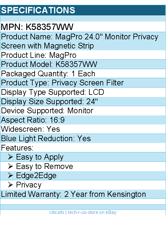 Kensington K58357WW MagPro 24.0" Monitor Privacy Screen with Magnetic Strip