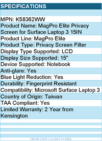 Kensington K58362WW MagPro Elite Privacy Screen for Surface Laptop 3 15IN