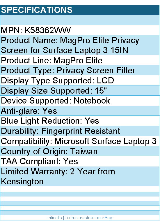 Kensington K58362WW MagPro Elite Privacy Screen for Surface Laptop 3 15IN