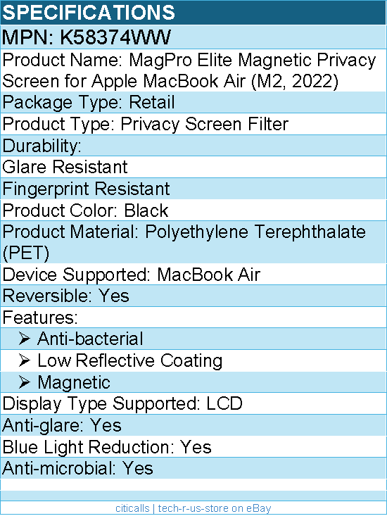 Kensington K58374WW MagPro Elite Magnetic Privacy Screen for Apple MacBook Air