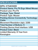 Kensington K75403WW Pro Fit Ergo Wired Mouse - USB - 3200 dpi - 5 Button - Black