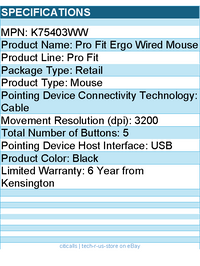 Kensington K75403WW Pro Fit Ergo Wired Mouse - USB - 3200 dpi - 5 Button - Black