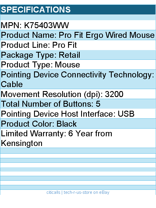 Kensington K75403WW Pro Fit Ergo Wired Mouse - USB - 3200 dpi - 5 Button - Black