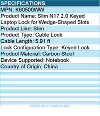 Kensington K60500WW Slim N17 2.0 Keyed Laptop Lock for Wedge-Shaped Slots