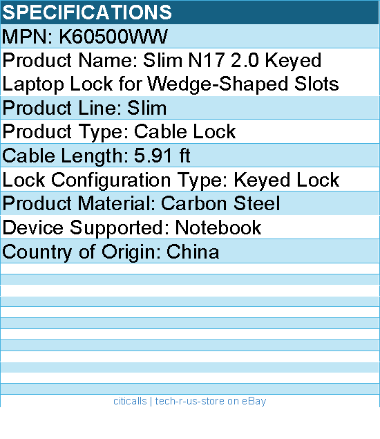 Kensington K60500WW Slim N17 2.0 Keyed Laptop Lock for Wedge-Shaped Slots