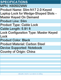 Kensington K60502WW Slim N17 2.0 Keyed Laptop Lock - Cable Lock