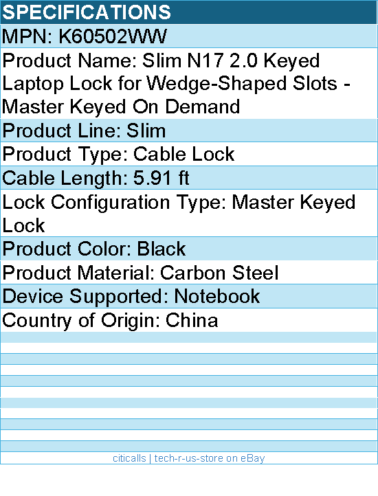 Kensington K60502WW Slim N17 2.0 Keyed Laptop Lock - Cable Lock