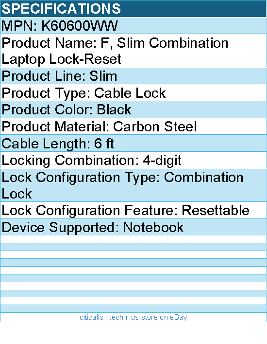 Kensington K60600WW F, Slim Combination Laptop Lock-Reset - Cable Lock - Black