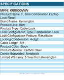 Kensington K60600WW F, Slim Combination Laptop Lock-Reset - Cable Lock