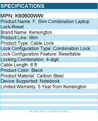 Kensington K60600WW F, Slim Combination Laptop Lock-Reset - Cable Lock
